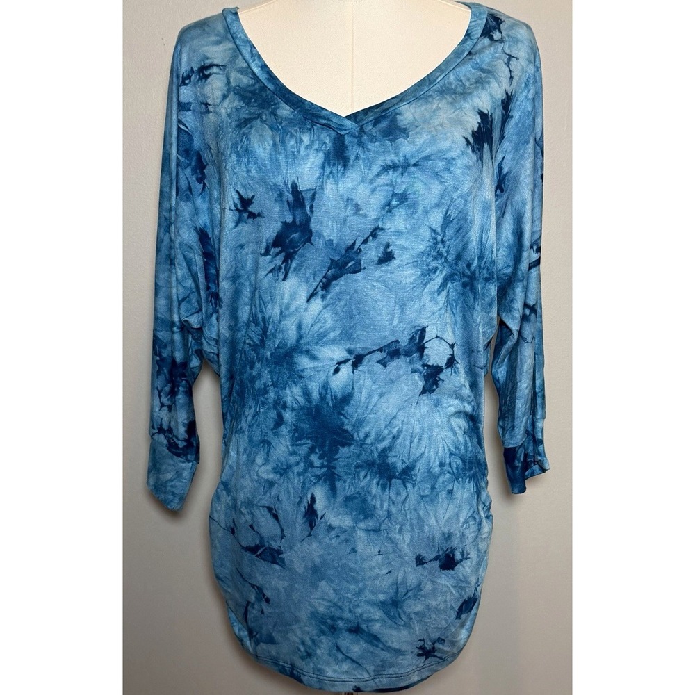 Made By JohNNy Blue Tie-Dye V-Neck Dolman 3/4 Sleeve Stretch Tunic Top Women L